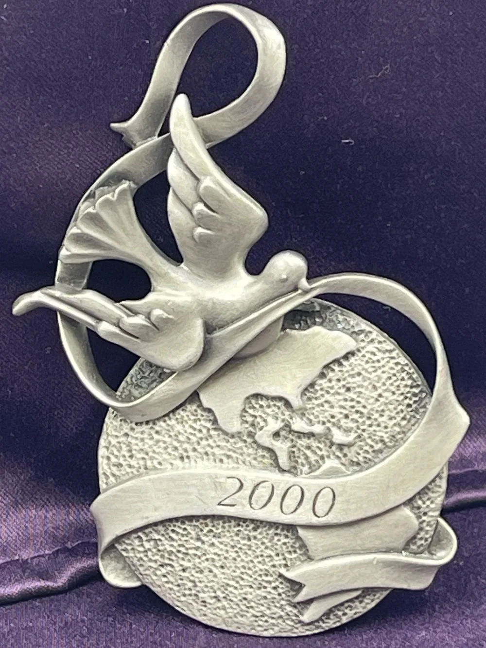 VTG Avon Annual Solid Pewter Ornament: “Year 2000” Peaceful Millennium with Dove